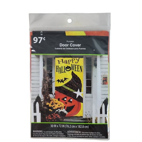 2/$15 Halloween Door Cover Happy Halloween Smiling Pumpkin 30x72" Photo Prop NEW - Picture 5 of 5